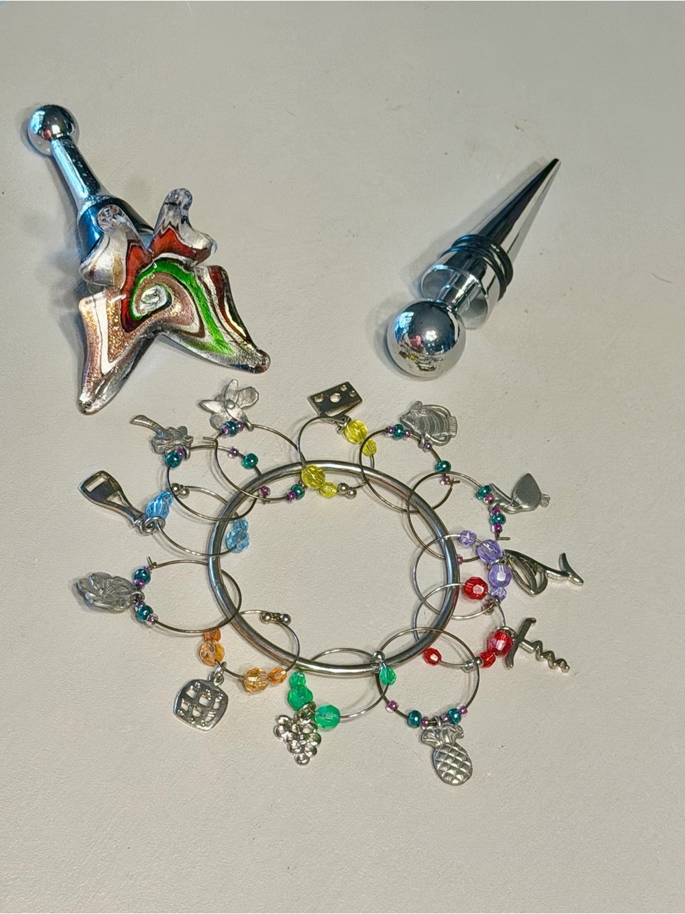 Vintage Wine Glass Charms Set with Multicolor Beads & 2 Wine Bottle Toppers